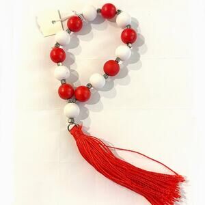 Red and White Wood Bead Tassel Bracelet